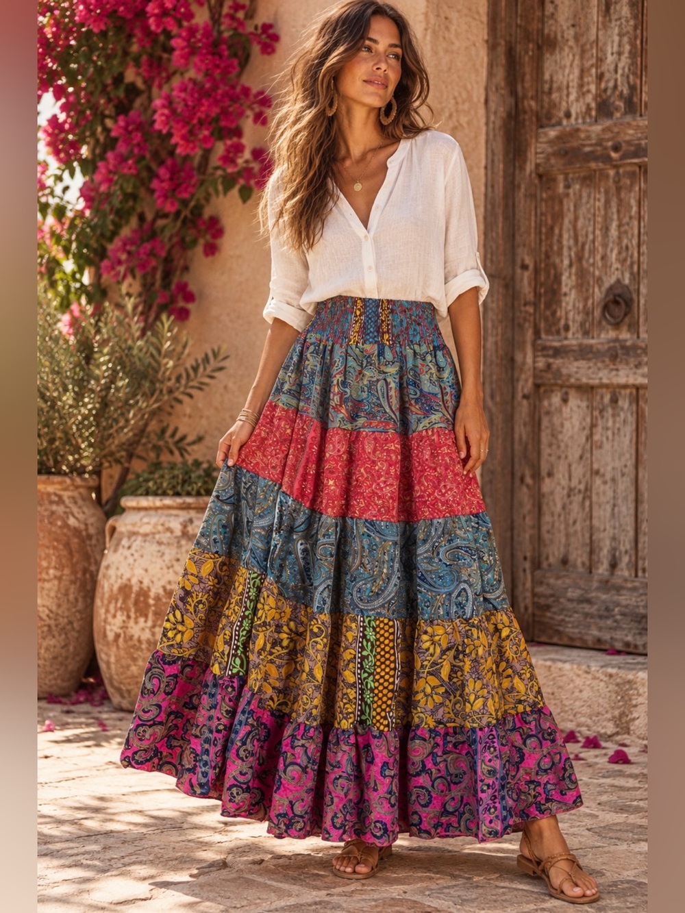 Boho Patchwork Maxi Skirt in Multicolor